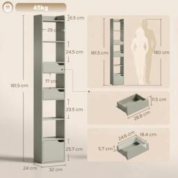 Rackhams Bookcase Tall Narrow with 5 Tiers Drawers - 32W x 24D x 181.5H cm - Grey - thumbnail 3