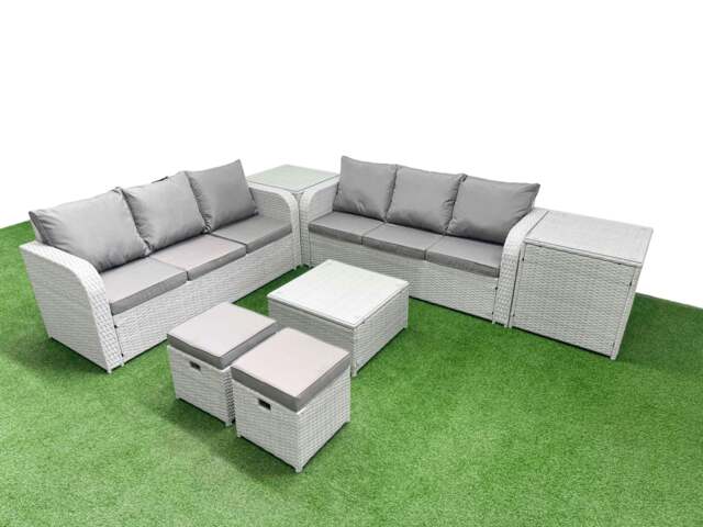 Rackhams Outdoor Garden Furniture Sets 8 Seater Rattan Furniture Sofa Sets with Square Coffee Table high Back Lounge Sofa Stools 2 Side Table Light Grey - image 1