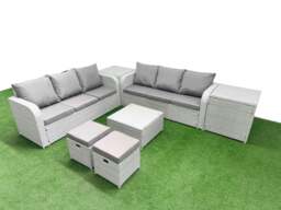 Rackhams Outdoor Garden Furniture Sets 8 Seater Rattan Furniture Sofa Sets with Square Coffee Table high Back Lounge Sofa Stools 2 Side Table Light Grey - thumbnail 1