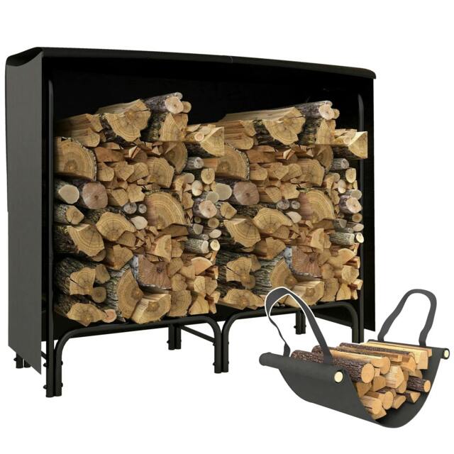 Rackhams 4FT Firewood Rack with Canvas Carrier Bag and 600D Oxford Waterproof Cover, Metal Log Store Indoors, Log Storage Rack Holder, Black