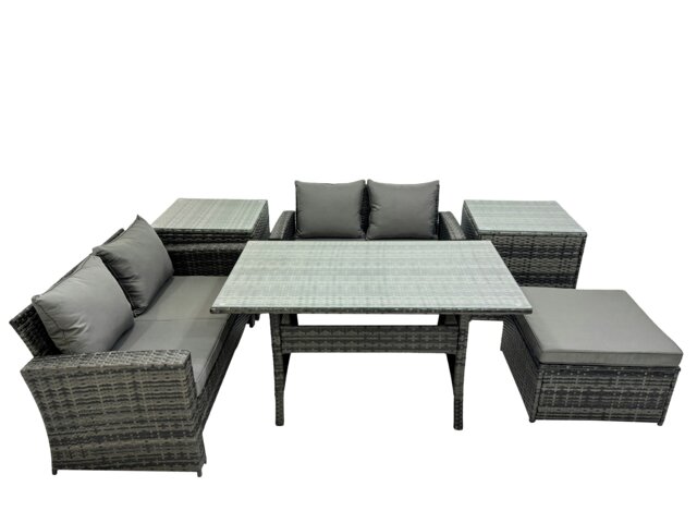Rackhams 5 Seater Wicker PE Rattan Furniture Outdoor Dining Table Double Seat Sofa 2 Side Table Big Stool Set Dark Grey Mixed - image 1
