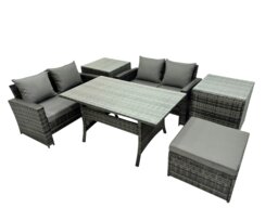 Rackhams 5 Seater Wicker PE Rattan Furniture Outdoor Dining Table Double Seat Sofa 2 Side Table Big Stool Set Dark Grey Mixed - thumbnail 2