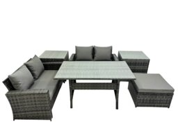 Rackhams 5 Seater Wicker PE Rattan Furniture Outdoor Dining Table Double Seat Sofa 2 Side Table Big Stool Set Dark Grey Mixed - thumbnail 1