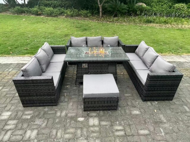 Rackhams Rattan Garden Furniture Sofa Set Outdoor Patio Gas Fire Pit Dining Table Gas Heater Burner With Big Footstool 10 Seater Dark Grey Mixed - image 1