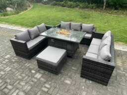 Rackhams Rattan Garden Furniture Sofa Set Outdoor Patio Gas Fire Pit Dining Table Gas Heater Burner With Big Footstool 10 Seater Dark Grey Mixed - thumbnail 2
