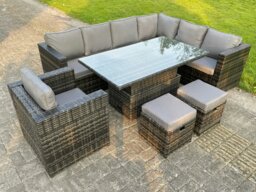Rackhams 9 Seats Dark Mixed Grey Rattan Garden Furniture Corner Sofa Set Adjustable Dining Or Coffee Table Chair Right Corner - thumbnail 1