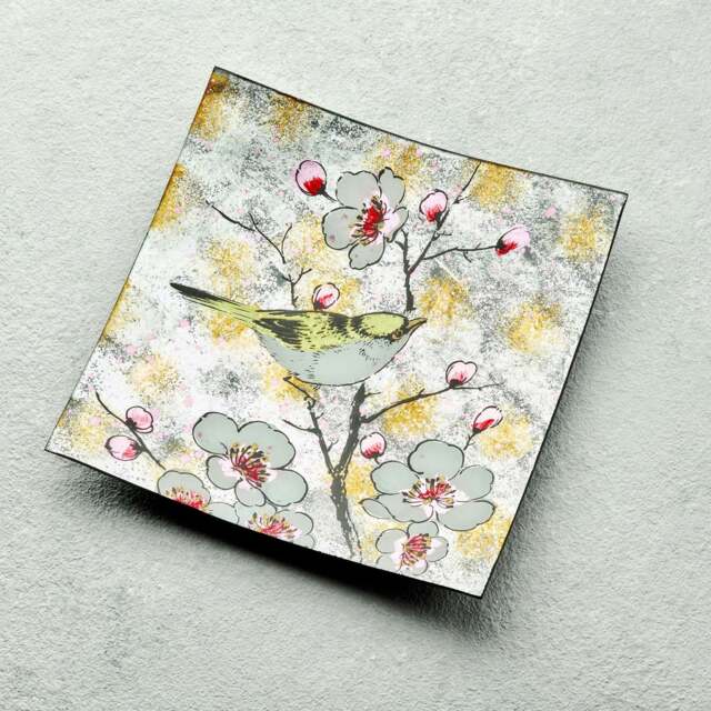 Rackhams Square Glass Plate – Bird Song Design (Handmade Decorative Tableware) - image 1
