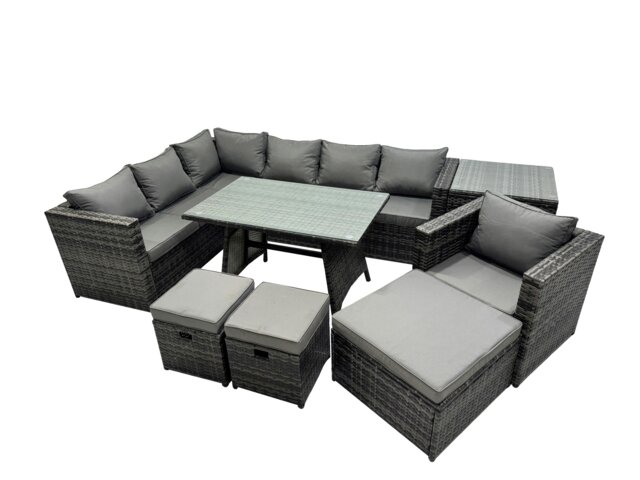 Rackhams 10 seater Outdoor PE Rattan Sofa Set with Dining Table Patio Garden Furniture Sets with Chair 3 Stools Side Table Dark Grey Mixed - image 1
