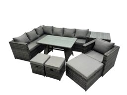 Rackhams 10 seater Outdoor PE Rattan Sofa Set with Dining Table Patio Garden Furniture Sets with Chair 3 Stools Side Table Dark Grey Mixed - thumbnail 1