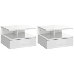 Rackhams Nightstand Set of 2, Wall Mounted Bedside Cabinet, High Gloss White - High Gloss White - thumbnail 3