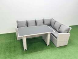 Rackhams Outdoor Garden Furniture Sets 6 Seater Wicker Rattan Corner Sofa Sets with Rectangular Dining Table Lounge Sofa Light Grey - thumbnail 1