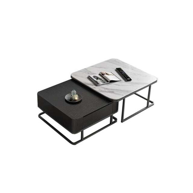 Rackhams Nathan Nesting Coffee Table Set, Sintered Stone - No - Black Wooden Top (S) +White Marble Effect Top (L) - image 1