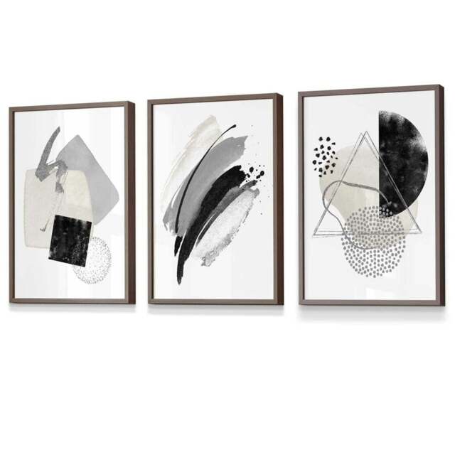 Rackhams Abstract Grey Black and Silver Set of 3 Framed Wall Art Prints - 59x84cm (A1) - Light Walnut - image 1