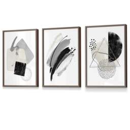 Rackhams Abstract Grey Black and Silver Set of 3 Framed Wall Art Prints - 59x84cm (A1) - Light Walnut - thumbnail 1