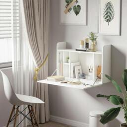 Rackhams Wall Mounted Table, Drop Leaf Floating Laptop Desk with Space Saving Storage Compartments for Home Office and Study, 77cm x 20cm x 51cm, White - thumbnail 2