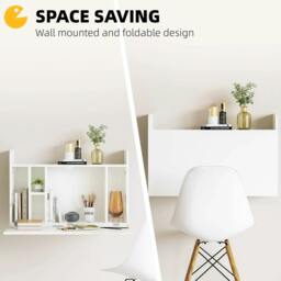 Rackhams Wall Mounted Table, Drop Leaf Floating Laptop Desk with Space Saving Storage Compartments for Home Office and Study, 77cm x 20cm x 51cm, White - thumbnail 4