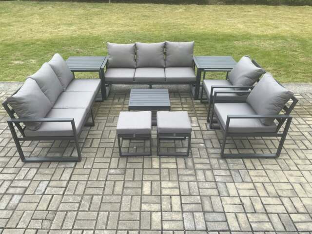 Rackhams Aluminium Patio Outdoor Garden Furniture Lounge Sofa Set with Square Coffee Table 2 Chairs 2 Side Tables 2 Small Footstool Dark Grey - image 1