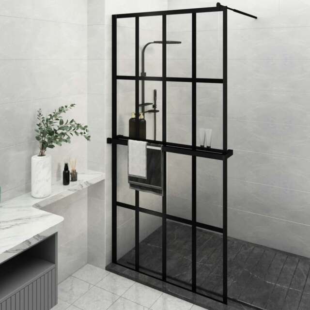 Rackhams Walk-in Shower Wall with Shelf Black 118x190 cm ESG Glass&Aluminium