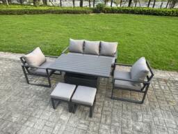 Rackhams 6-Piece Aluminium Garden Furniture Sets 7 Seater Outdoor Sofa Set with Adjustable Rising Lifting Dining Table 2 Chairs 2 Small Footstools - thumbnail 2