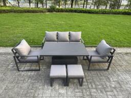 Rackhams 6-Piece Aluminium Garden Furniture Sets 7 Seater Outdoor Sofa Set with Adjustable Rising Lifting Dining Table 2 Chairs 2 Small Footstools - thumbnail 1