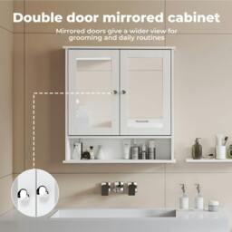 Rackhams Bathroom Mirror Cabinet Wall Mounted Storage Cupboard with Open Shelf - White - thumbnail 4