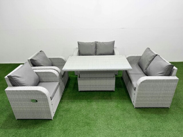 Rackhams 6 Seater Outdoor Reclining Chair Love Sofa Set Rattan Garden Furniture Set with Adjustable Lifting Dining or Coffee Table Light Grey - image 1