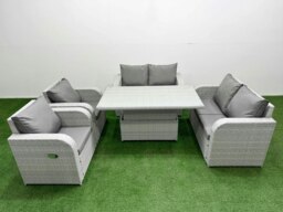 Rackhams 6 Seater Outdoor Reclining Chair Love Sofa Set Rattan Garden Furniture Set with Adjustable Lifting Dining or Coffee Table Light Grey - thumbnail 1