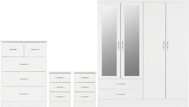 Rackhams Nevada 4 Door Wardrobe 4 Piece Bedroom Set - White Gloss - image 1