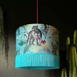 "Rackhams Handmade Fringed Velvet Lampshade with Gold Lining in Lithium - Ceiling Pendant / Arc Lamp - 35cm diameter x 25cm Height (14"" x 10"")" - thumbnail 4