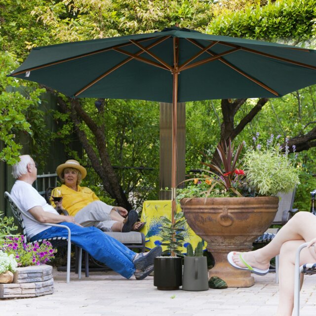 Rackhams 3(m) Garden Parasol, Pulley Operated Patio Umbrella, Wooden Parasol, Table Market Umbrella with Rope Pulley Mechanism and 8 Ribs, Dark Green - image 1
