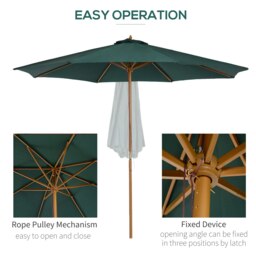 Rackhams 3(m) Garden Parasol, Pulley Operated Patio Umbrella, Wooden Parasol, Table Market Umbrella with Rope Pulley Mechanism and 8 Ribs, Dark Green - thumbnail 4