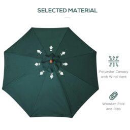 Rackhams 3(m) Garden Parasol, Pulley Operated Patio Umbrella, Wooden Parasol, Table Market Umbrella with Rope Pulley Mechanism and 8 Ribs, Dark Green - thumbnail 3