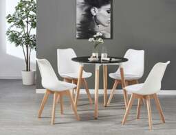 Rackhams 5PCs Dining Set - a Black Round Dining Table & Set of 4 White Lorenzo Tulip chairs with Padded Seat - Plastic - White - Dining Sets - thumbnail 3