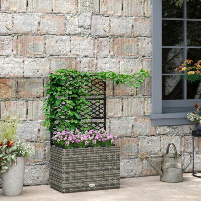 Rackhams Garden PE Rattan Planter Box w/ Trellis Flower Raised Bed, 57x30x107cm - image 1