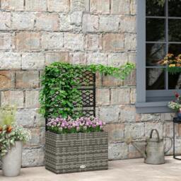 Rackhams Garden PE Rattan Planter Box w/ Trellis Flower Raised Bed, 57x30x107cm - thumbnail 1