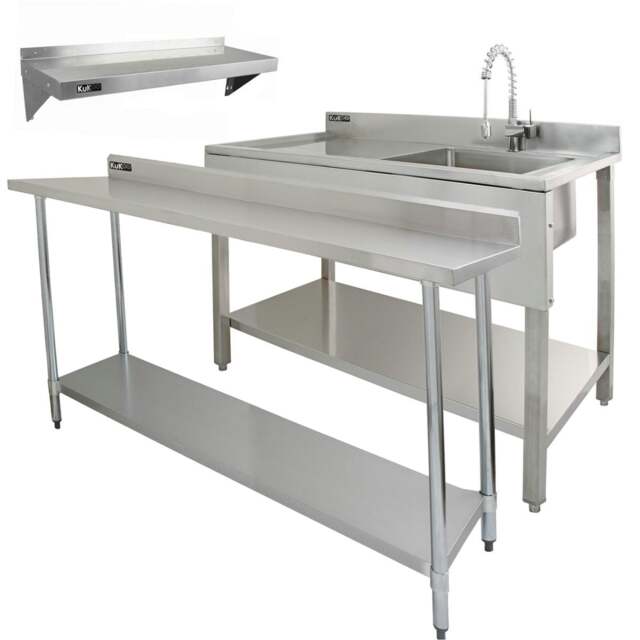 Rackhams 6ft Stainless Steel Catering Bench, Stainless Steel Sink - Left Hand Drainer & 2 x Wall Mounted Shelves - image 1