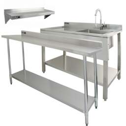 Rackhams 6ft Stainless Steel Catering Bench, Stainless Steel Sink - Left Hand Drainer & 2 x Wall Mounted Shelves - thumbnail 1