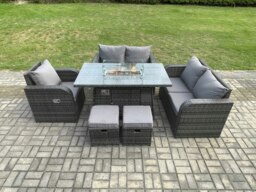 Rackhams Rattan Garden Furniture Set with Gas Fire Pit Dining Table,Reclining Chair 2 Small Footstools Indoor Outdoor 6 piece Loveseat Sofa set - thumbnail 1