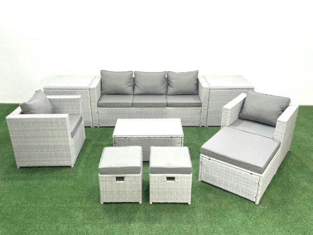 Rackhams Rattan Garden Outdoor Furniture Sofa Set with Rectangular Coffee Table 2 Chairs 3 Footstools 2 Side Tables Light Grey Mixed - image 1