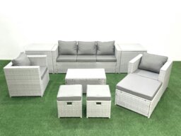 Rackhams Rattan Garden Outdoor Furniture Sofa Set with Rectangular Coffee Table 2 Chairs 3 Footstools 2 Side Tables Light Grey Mixed - thumbnail 1