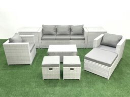 Rackhams Rattan Garden Outdoor Furniture Sofa Set with Rectangular Coffee Table 2 Chairs 3 Footstools 2 Side Tables Light Grey Mixed - thumbnail 2