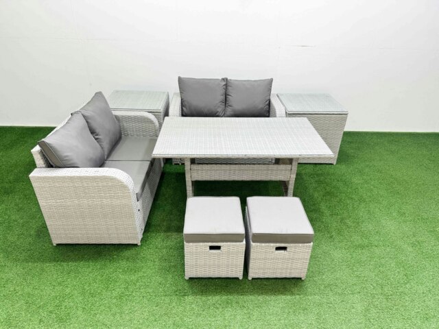 Rackhams 6 Seater Outdoor Love Sofa Set Rattan Garden Furniture Set with Rectangular Dining Table 2 Small Stools 2 Side Tables Light Grey - image 1