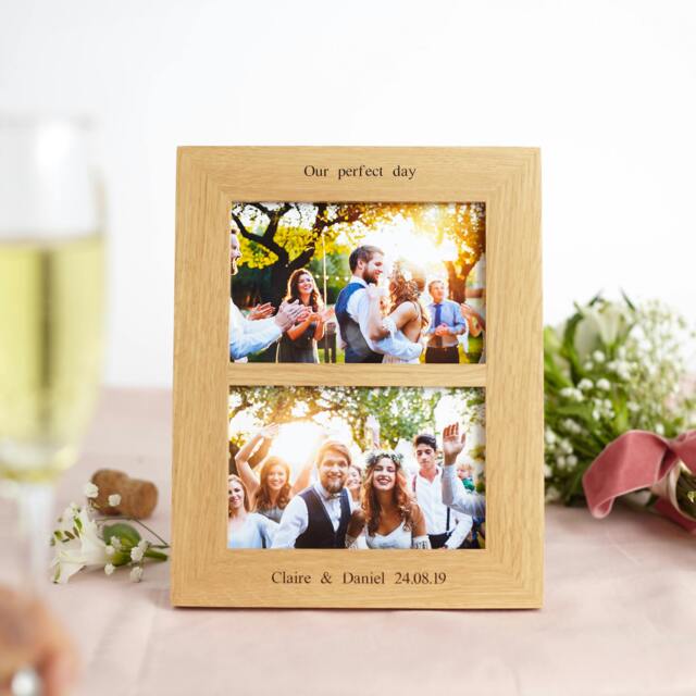 "Rackhams Personalised Solid Oak Double Picture Frame - Twin Aperture for 6x4"" or 7x5"" Prints - For 4""x6"" photos - Engraved" - image 1