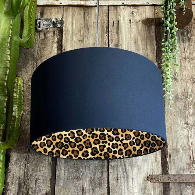 "Rackhams Leopard Print Silhouette Lampshade in Deep Space Navy Cotton - Ceiling Pendant / Arc Lamp - 30cm Diameter x 20cm Height / (12"" x 8"")" - image 1