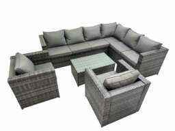 Rackhams Patio Sofa Oblong Coffee Table Set Rattan Garden Furniture Set with 2 Chairs Dark Grey Mixed - thumbnail 1