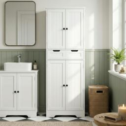 Rackhams Bathroom Tall Cabinet with Drawer, Shelves and Doors, White - thumbnail 1