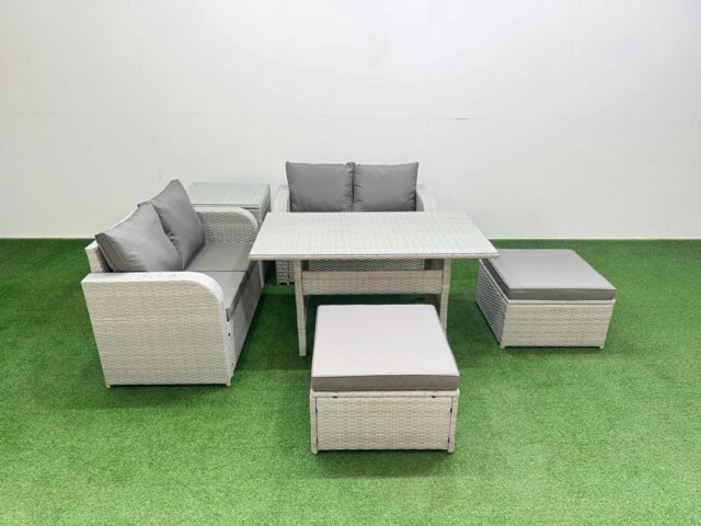Rackhams 6 Seater Outdoor Love Sofa Set Rattan Garden Furniture Set with Rectangular Dining Table 2 Footstool Side Table Light Grey - image 1