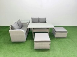 Rackhams 6 Seater Outdoor Love Sofa Set Rattan Garden Furniture Set with Rectangular Dining Table 2 Footstool Side Table Light Grey - thumbnail 1