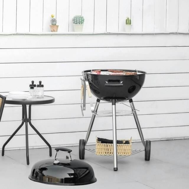 Rackhams Portable Kettle Charcoal Grill BBQ Smoker w/ Cover, Lid, & Thermometer - Black - Metal - 65L x 65W x 108H cm - image 1