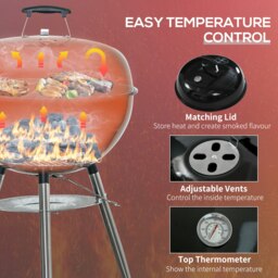 Rackhams Portable Kettle Charcoal Grill BBQ Smoker w/ Cover, Lid, & Thermometer - Black - Metal - 65L x 65W x 108H cm - thumbnail 4